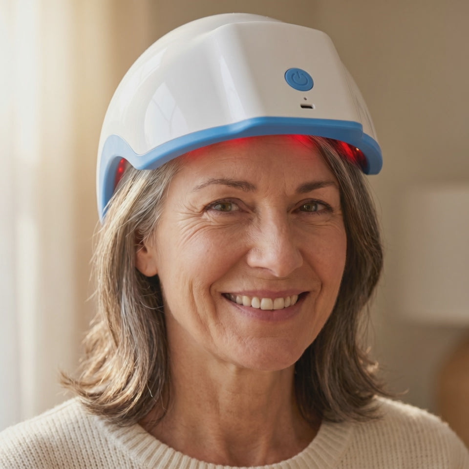 A woman wearing the Revive Pro cap with a warm smile